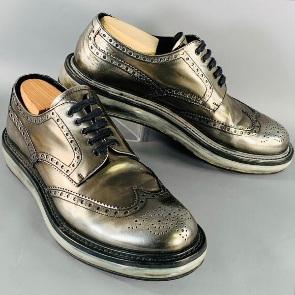 PRADA Size 9 Silver Metallic Perforated Leather Wingtip Lace-Up Shoes - Picture 1 of 9